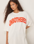 [ASOS DESIGN] ASOS DESIGN oversized t-shirt with unbothered slogan graphic in cream-White XS CREAM