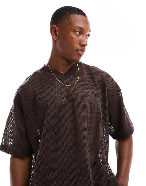 ASOS DESIGN oversized t-shirt with v neck in brown openwork fabric - view 1