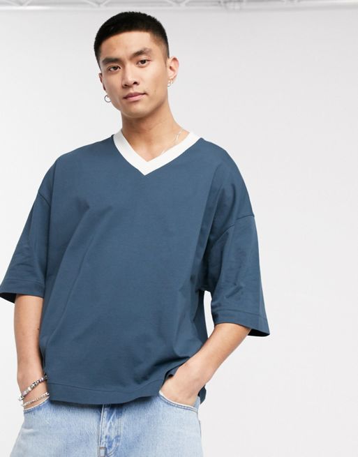 ASOS DESIGN oversized v-neck t-shirt in navy with New York city