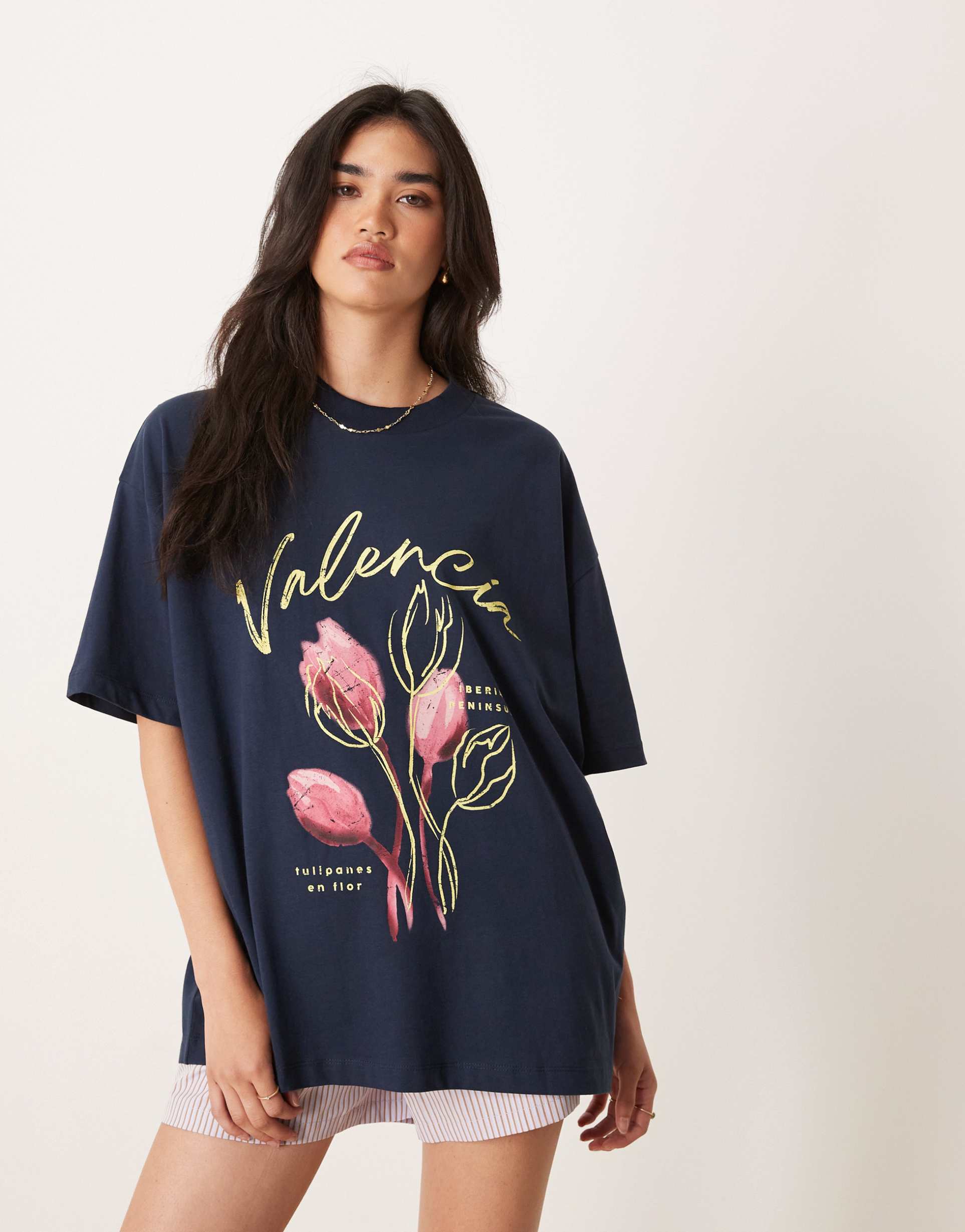asos design oversized t-shirt with valencia flower graphic in navy
