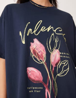 Asos Design Oversized T-shirt With Valencia Flower Graphic In Blue
