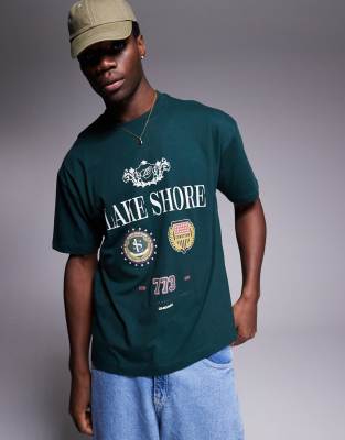 Asos Design Oversized T-shirt With Varsity Graphics In Green