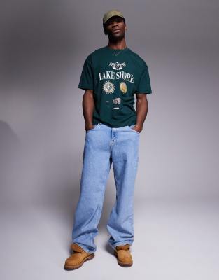 Asos Design Oversized T-shirt With Varsity Graphics In Green