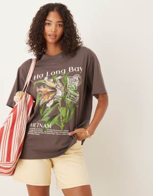 Asos Design Oversized T-shirt With Vietnam Flower Graphic In Brown