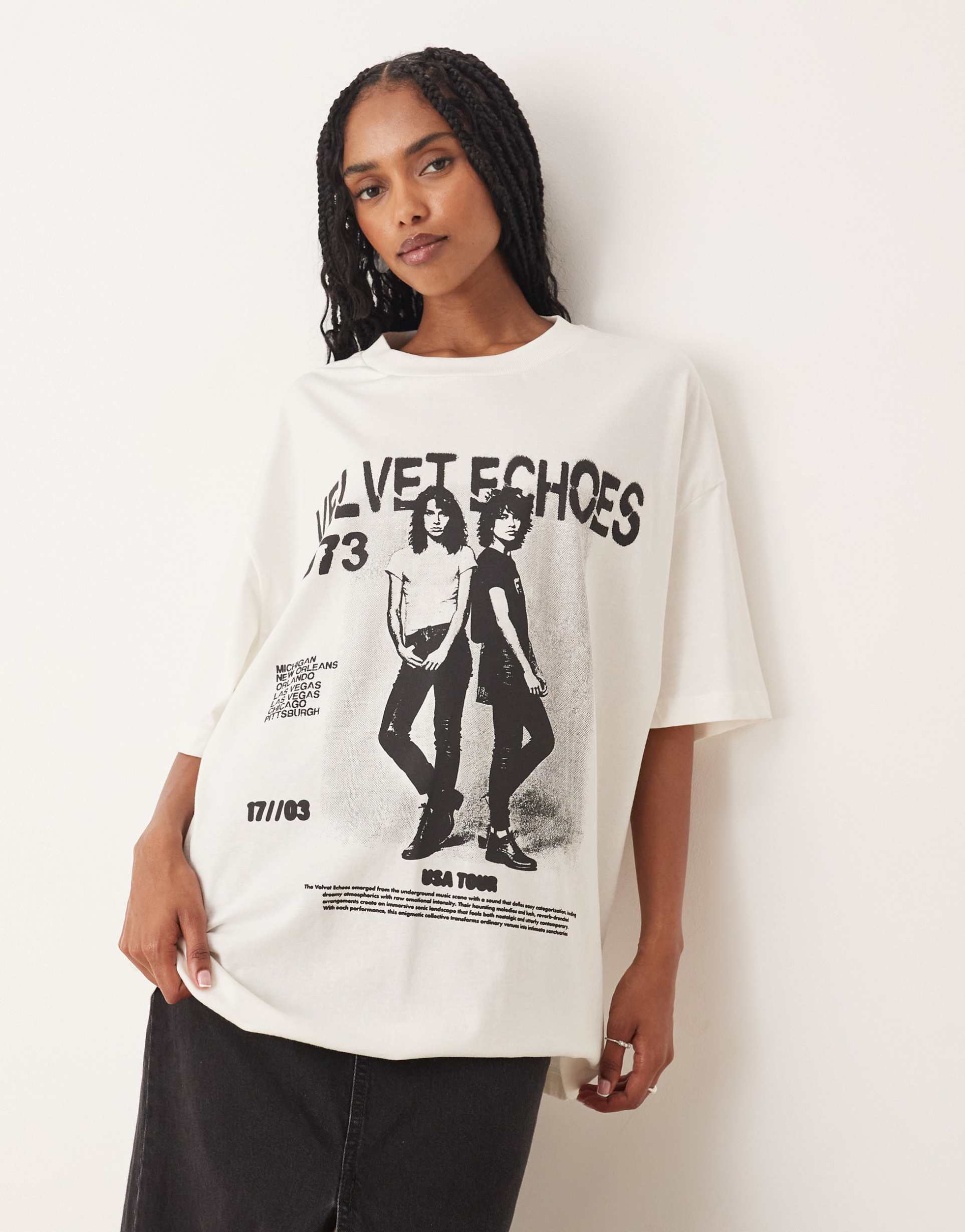 asos design oversized t-shirt with vintage band graphic in cream