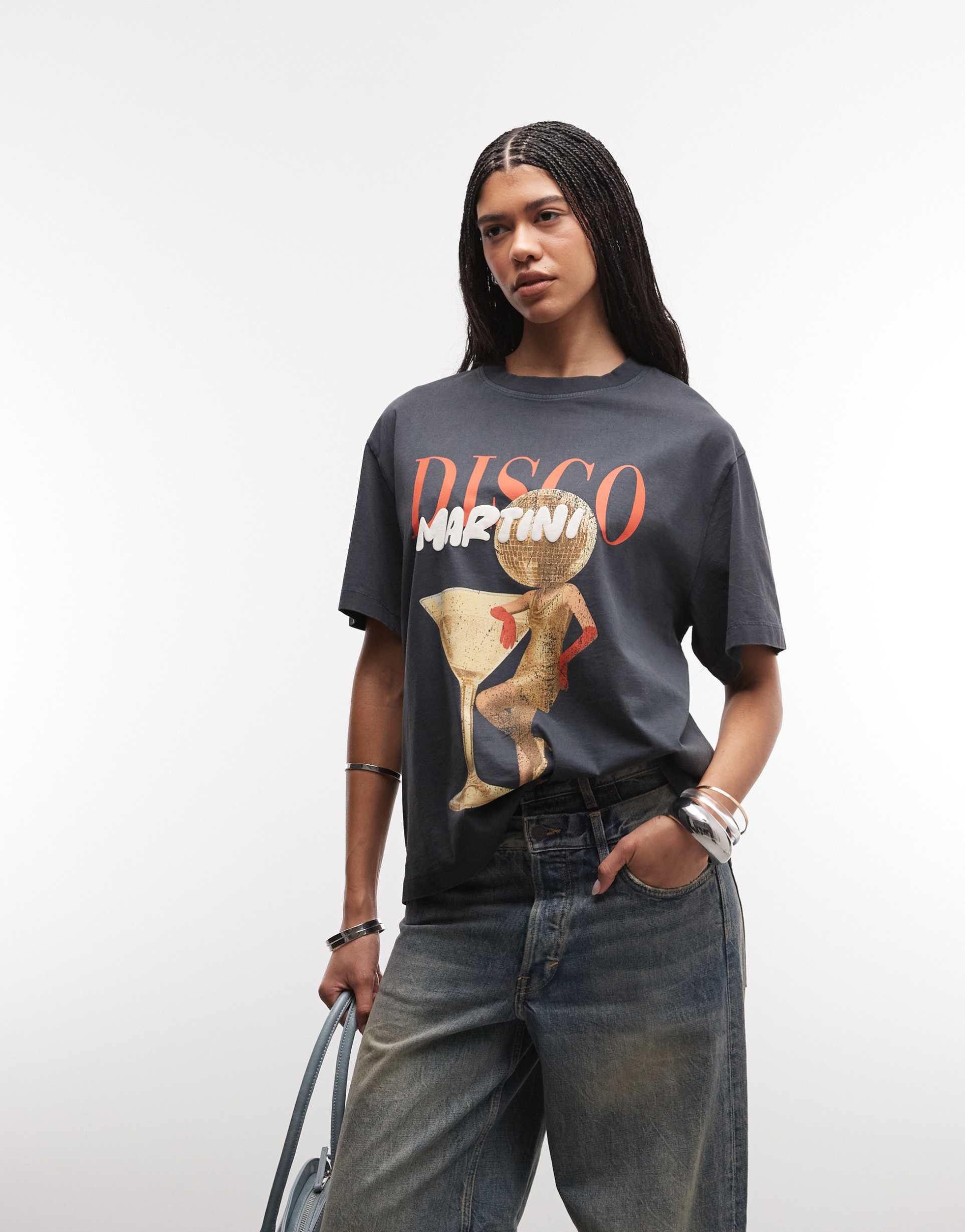 asos design oversized t-shirt with vintage disco martini graphic in washed gray