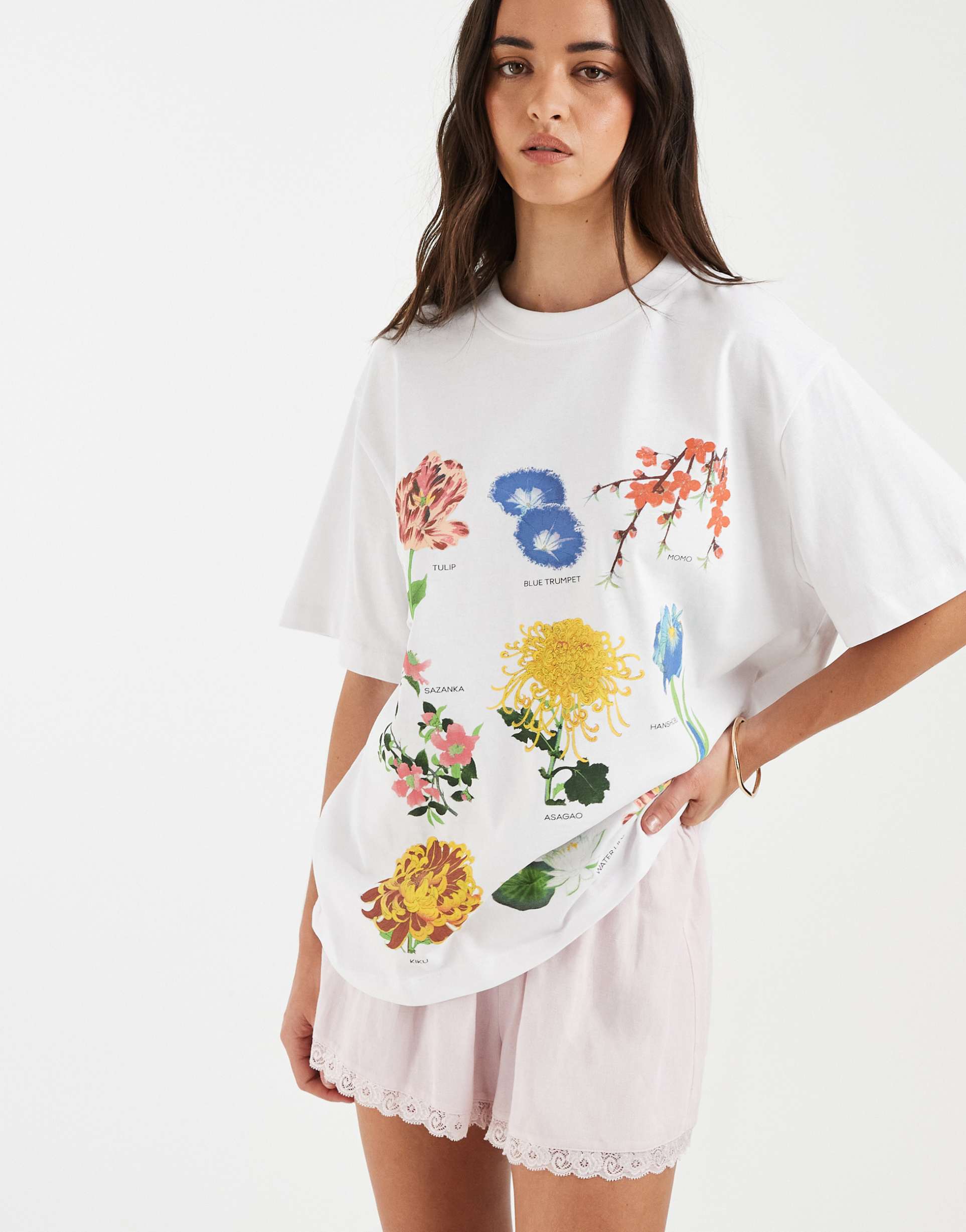 asos design oversized t-shirt with vintage flower illustration graphic in white