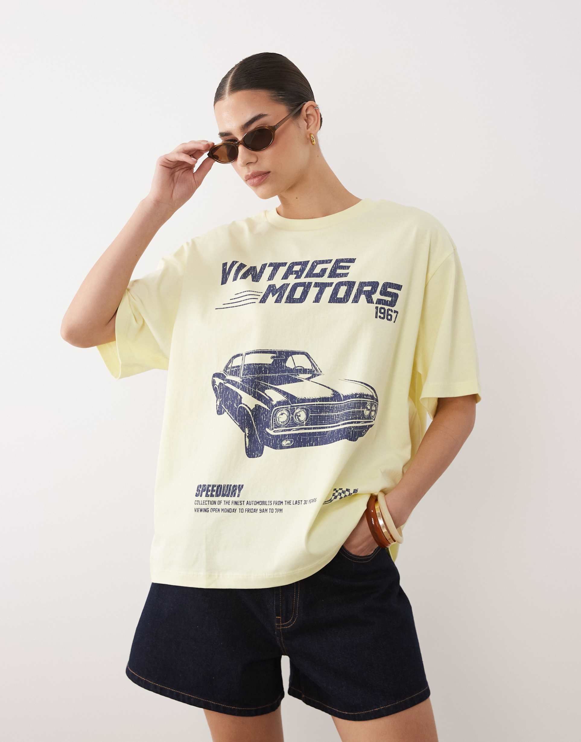 asos design oversized t-shirt with vintage motor car graphic in buttermilk