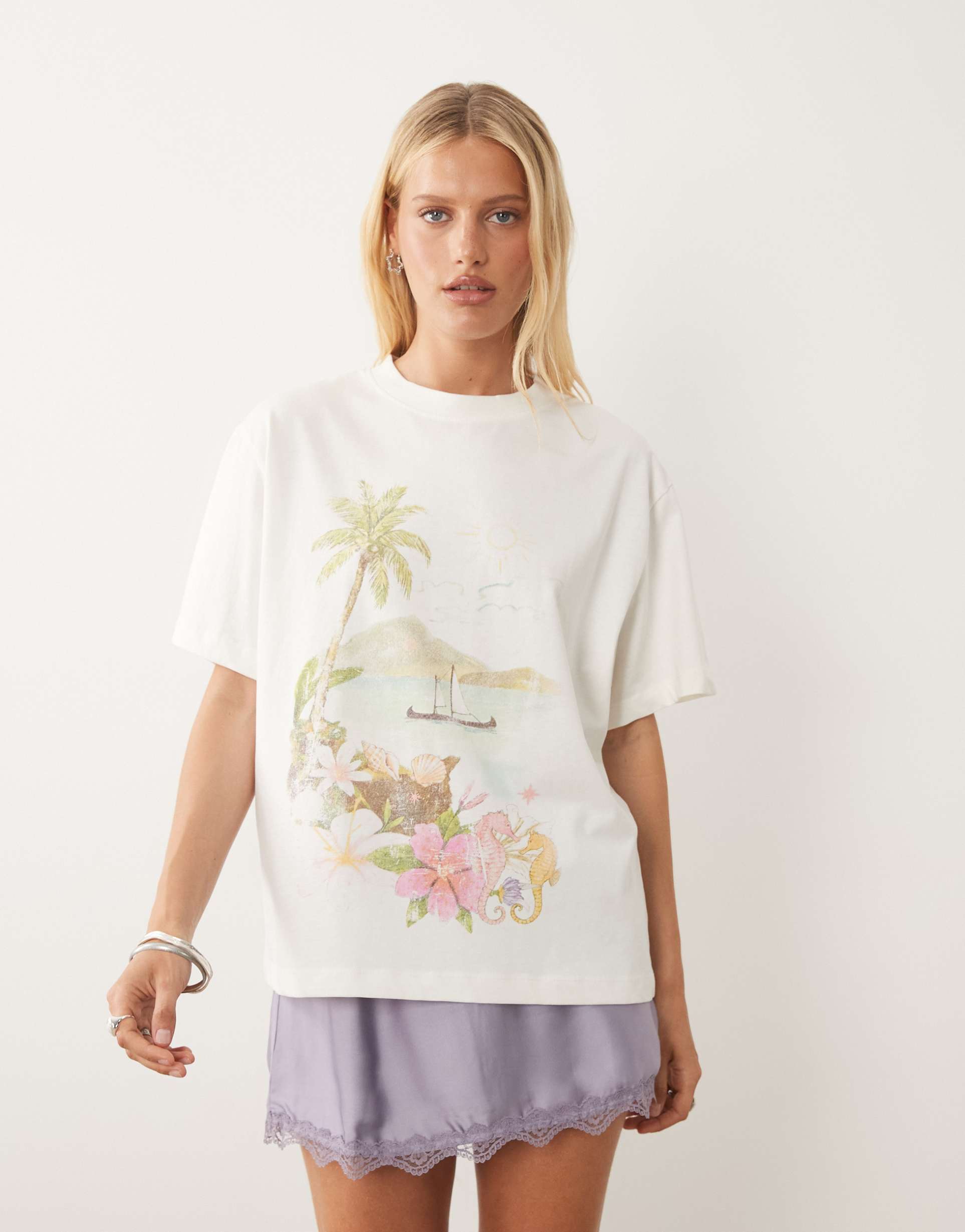 asos design oversized t-shirt with watercolor beach graphic in cream