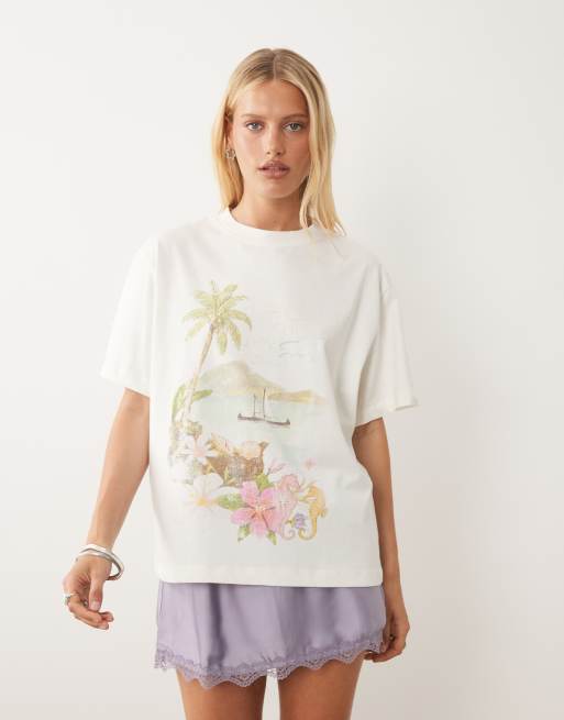 ASOS DESIGN oversized T-shirt with watercolor beach graphic in cream