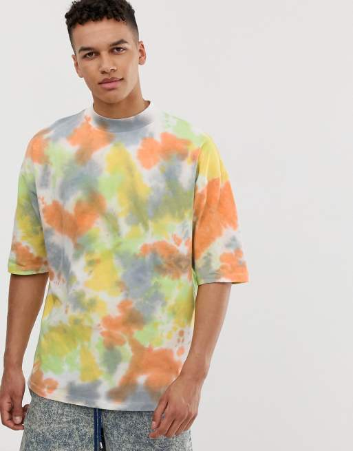 ASOS DESIGN oversized t-shirt with wide turtle neck in heavyweight fabric in bright spot tie dye wash