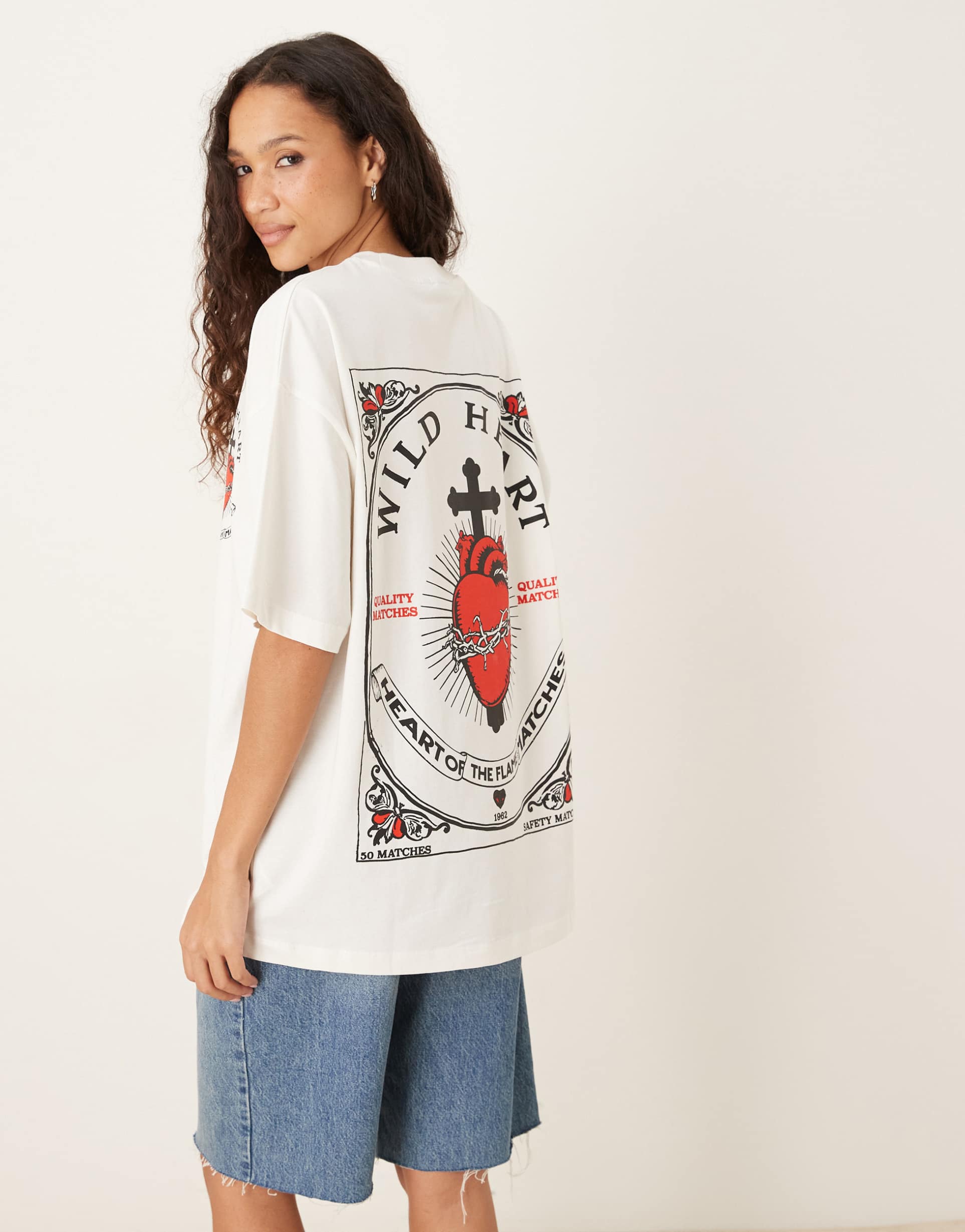 asos design oversized t-shirt with wild heart graphic in cream