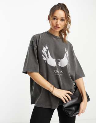 ASOS Design Graphic Oversized Rock T-Shirt with True Love V Cut Out in Washed charcoal-Gray