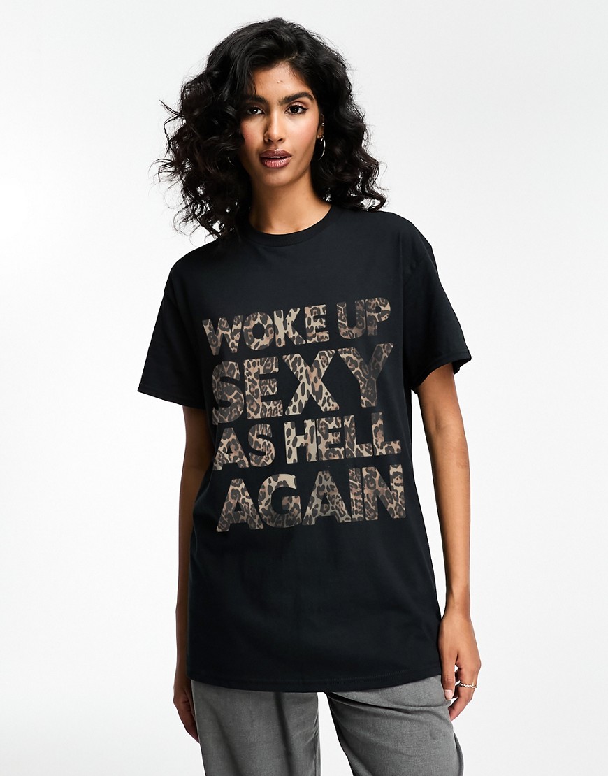 ASOS DESIGN oversized t-shirt with woke up sexy slogan leopard graphic in black-Grey