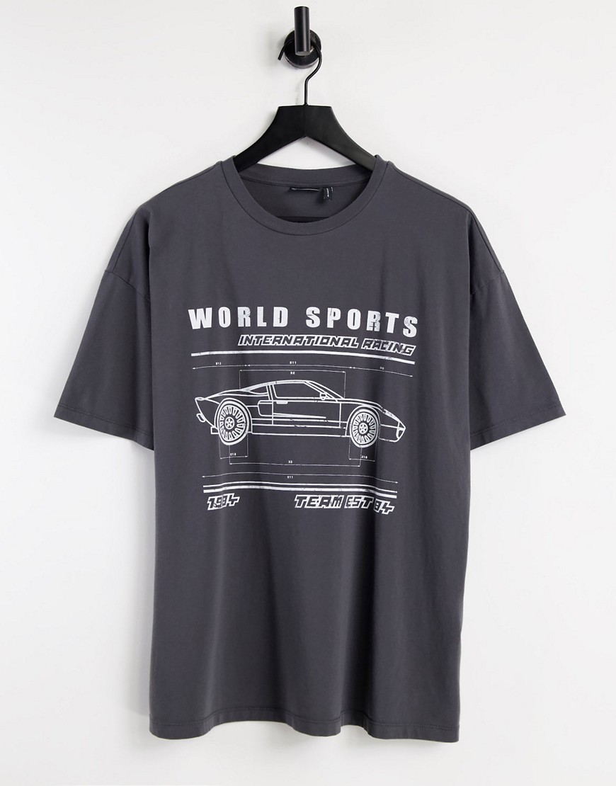 ASOS DESIGN oversized t-shirt with world sport graphic in washed charcoal-Grey