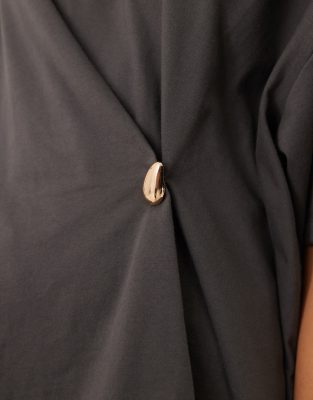 Asos Design Oversized T-shirt With Wrap & Hardware Detail In Gray