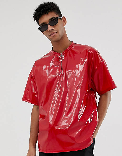 ASOS DESIGN oversized t-shirt with zip puller in vinyl fabric in red | ASOS