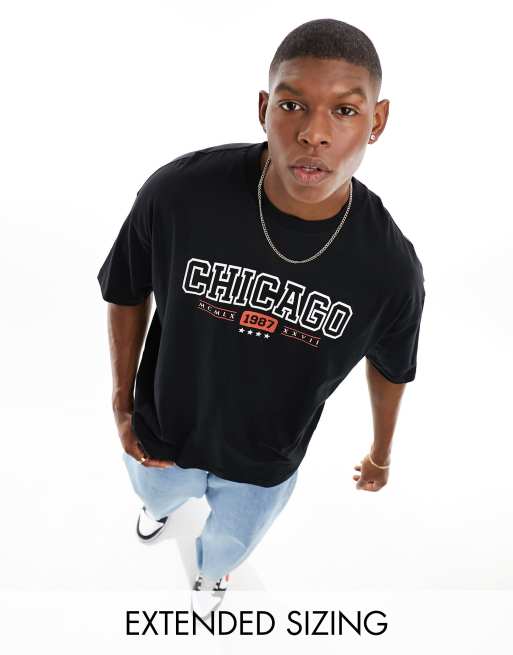 ASOS DESIGN - Oversized T-shirts i sort med Chicago-print foran