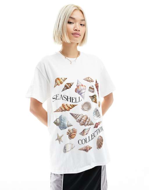 ASOS DESIGN - Oversized T-shirts met grafische print van schelpen in wit