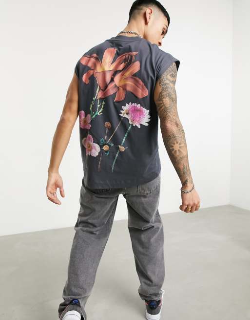 ASOS DESIGN oversized tank in charcoal with floral back print