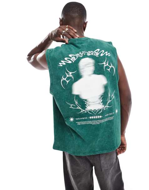 ASOS DESIGN oversized tank in heavyweight 220gsm washed green with back renaissance print - view 1