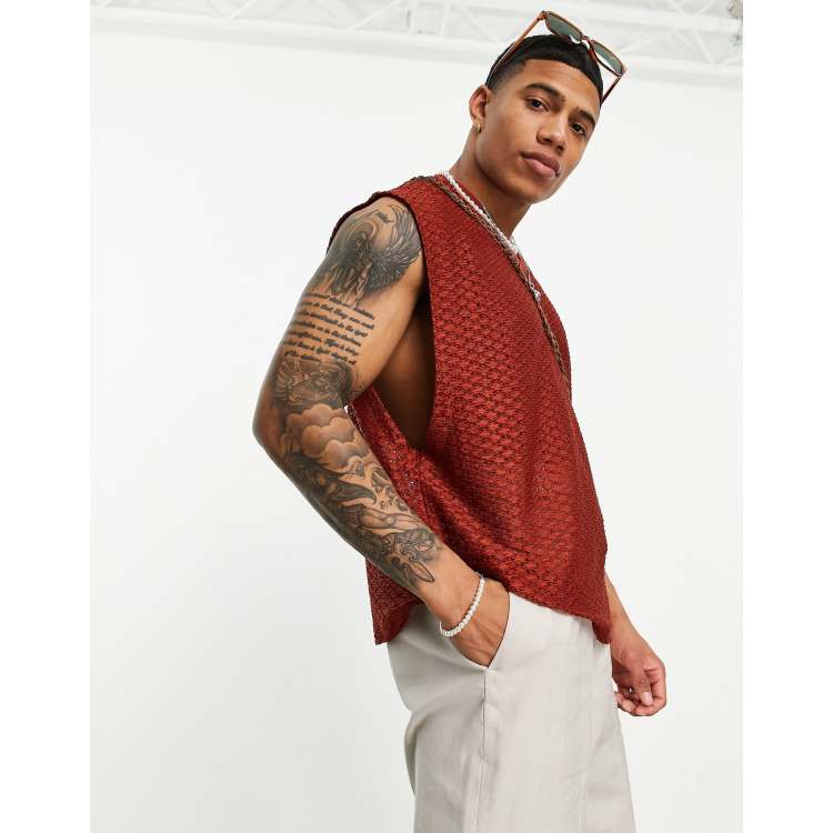 ASOS DESIGN oversized tank in rust crochet texture with v-neck | ASOS