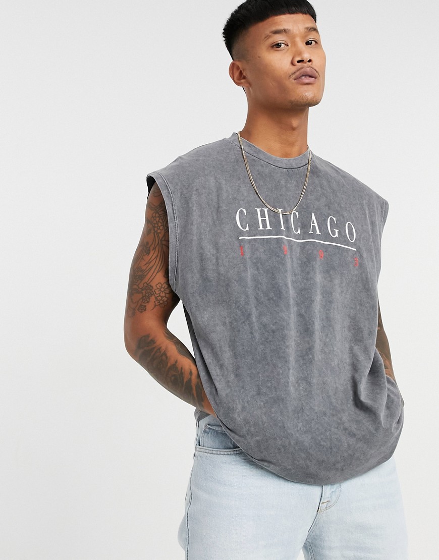 ASOS DESIGN oversized tank in washed black with Chicago city print