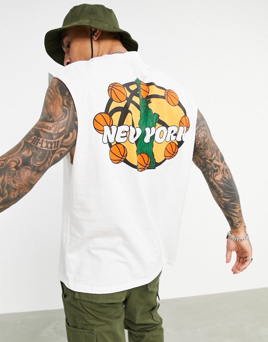 ASOS DESIGN oversized tank in white organic cotton with New York basketball print