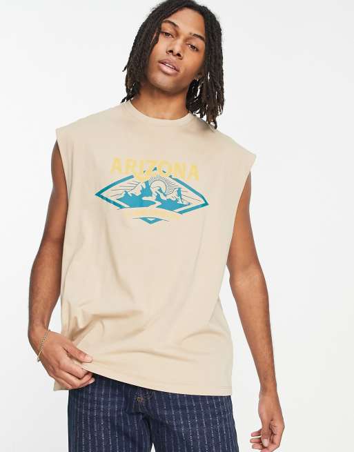 ASOS DESIGN oversized tank top in beige with mountain front print