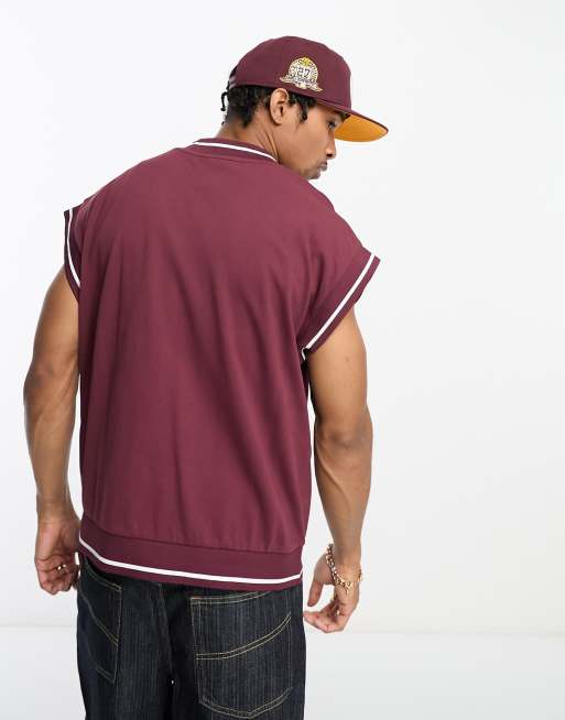 ASOS DESIGN oversized baseball jersey shirt in burgundy