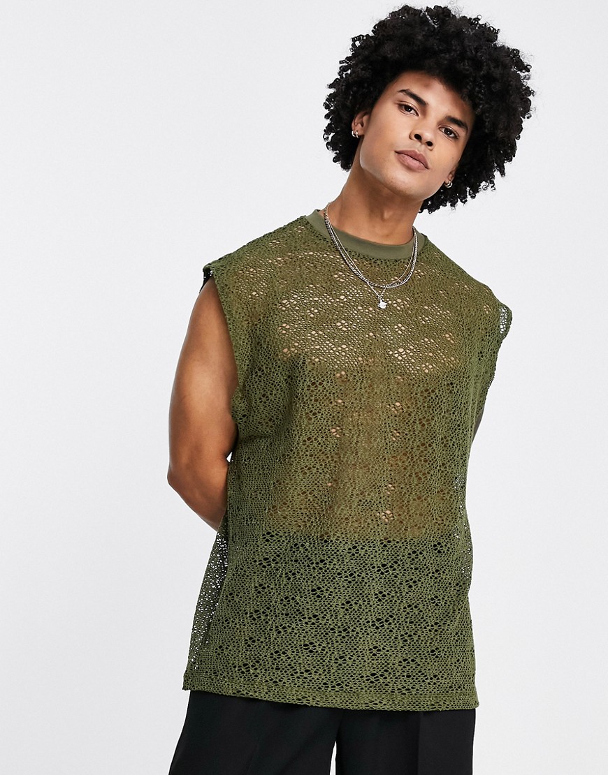 ASOS DESIGN oversized tank top in crotchet lace-Green