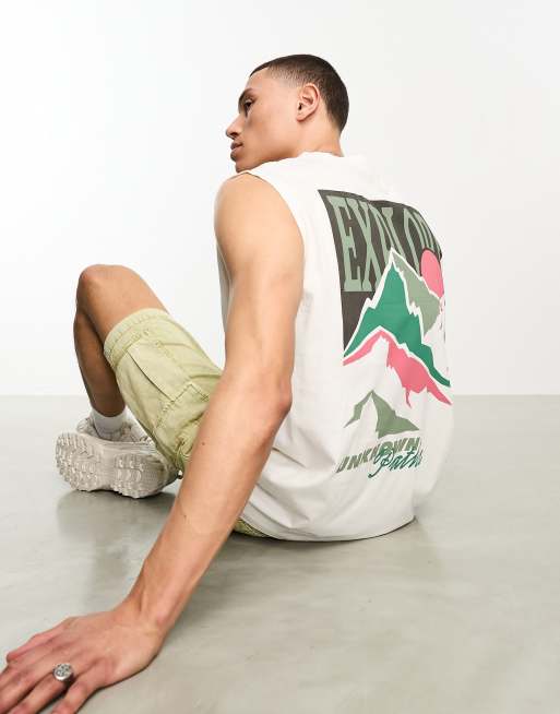 ASOS DESIGN oversized tank top in ecru with mountain chest and back print