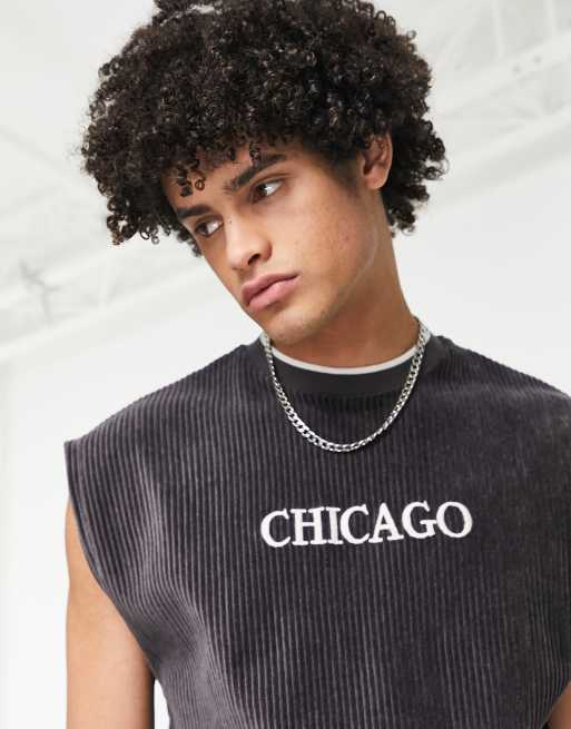 ASOS DESIGN oversized tank top in gray ribbed velour with Chicago city embroidery