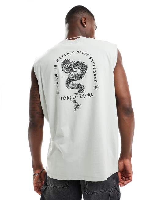 ASOS DESIGN oversized tank top in gray with dragon souvenir back print
