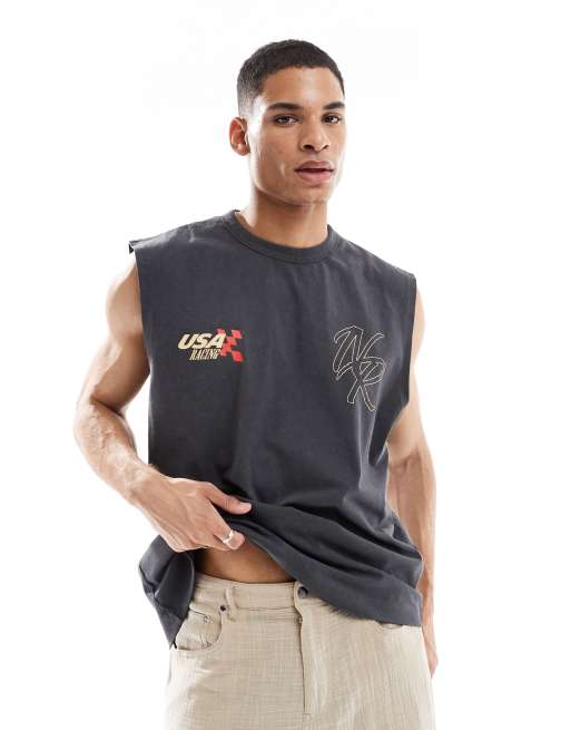 ASOS DESIGN oversized tank in heavyweight 200gsm washed black with sports graphic