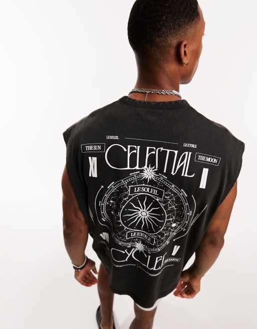 ASOS DESIGN oversized tank top in heavyweight 220gsm black with celestial back print