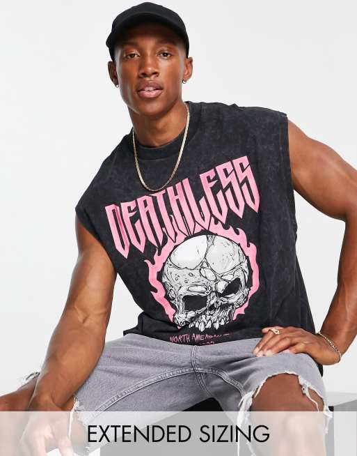 ASOS DESIGN oversized tank top in washed black with vintage band front print