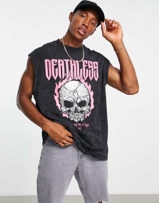 ASOS DESIGN oversized tank top in washed black with vintage band front print, 4 of 4