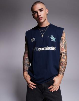 Asos Design Oversized Tank Top With Athletic Graphic In Navy