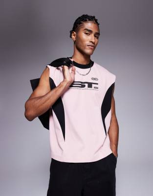 Asos Design Oversized Tank Top With Cut And Sew Detail And Athletic Graphic In Pink