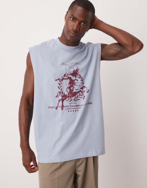 ASOS DESIGN oversized tank top with dropped armholes and street graphic in light blue - view 1
