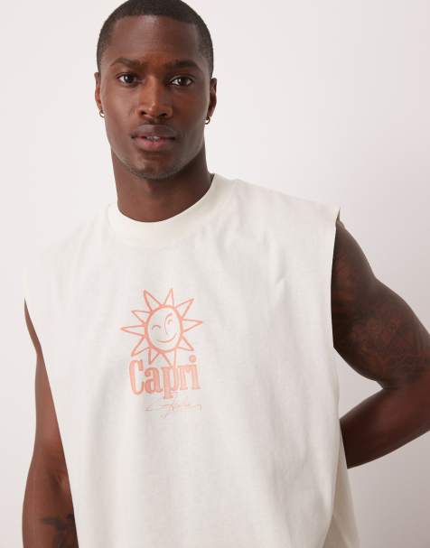 ASOS DESIGN oversized tank top with dropped armholes and sun graphic in off white - view 1