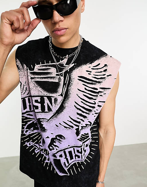 ASOS DESIGN oversized tank top with G 'n R print in washed black | ASOS