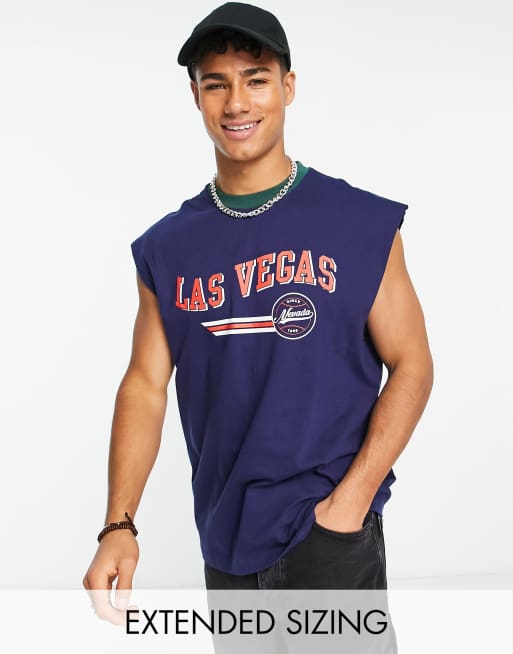 ASOS DESIGN oversized tank top with Las Vegas city print & contrast neck in navy