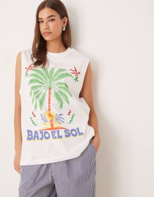 ASOS DESIGN oversized tank top with palm tree graphic in cream - view 1