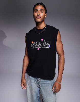 ASOS DESIGN oversized tank top with puff text graphic in black