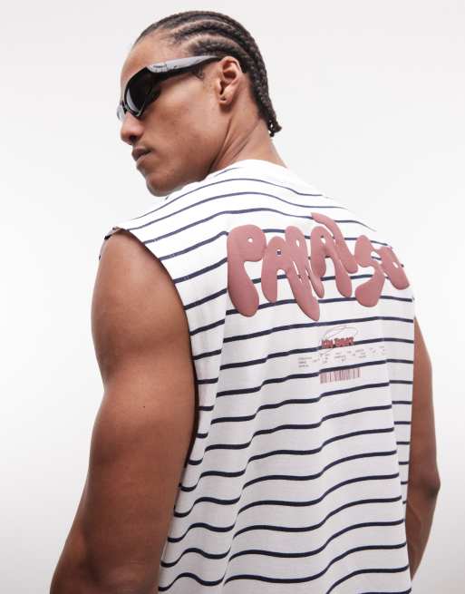 ASOS DESIGN oversized tank top with text puff print in white stripes, 3 of 5
