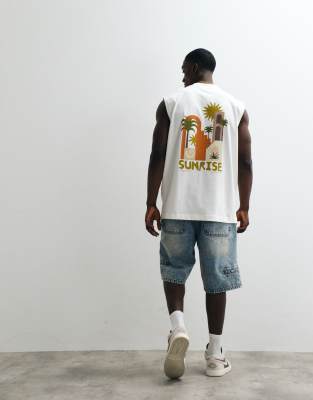 Asos Design Oversized Tank Top With Vacation Graphic In White