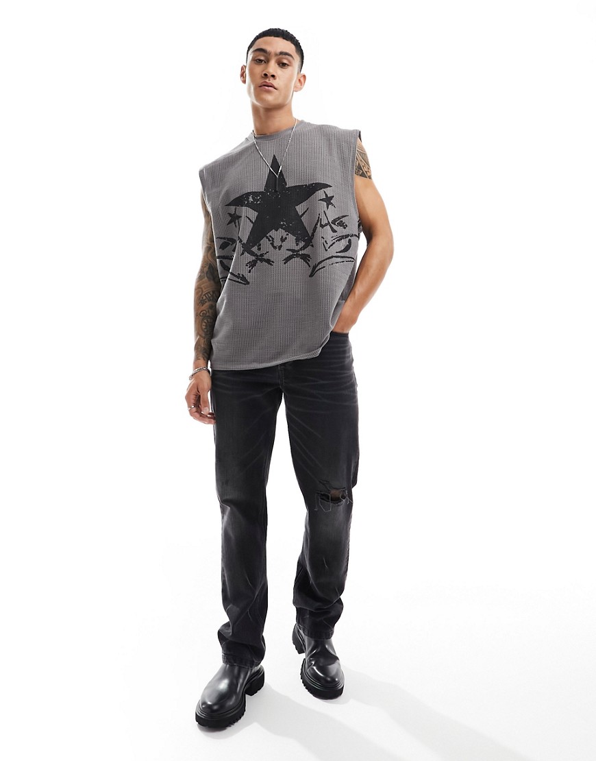 ASOS DESIGN oversized tank vest in open mesh with front grunge print-Grey