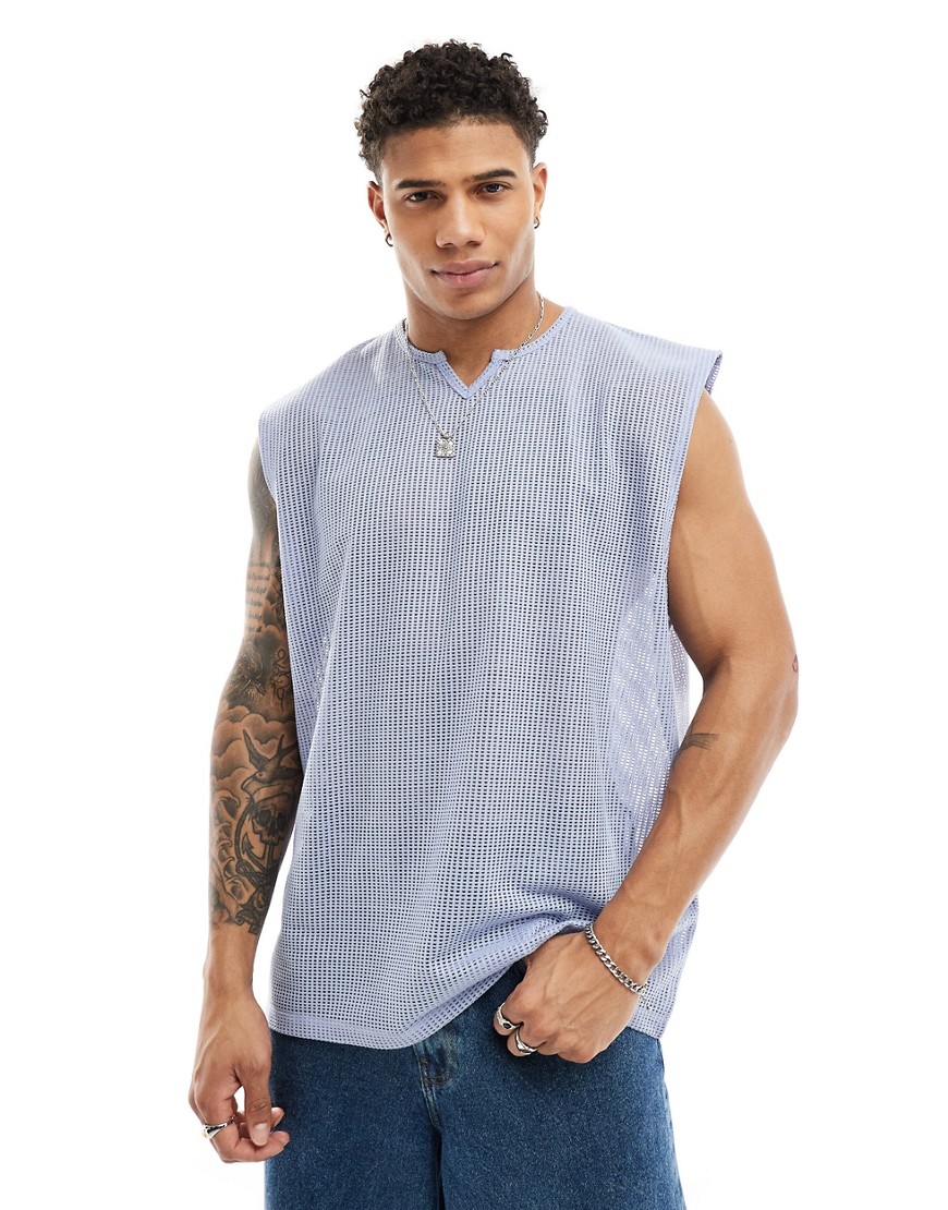 ASOS DESIGN oversized tank vest with notch neck in blue texture